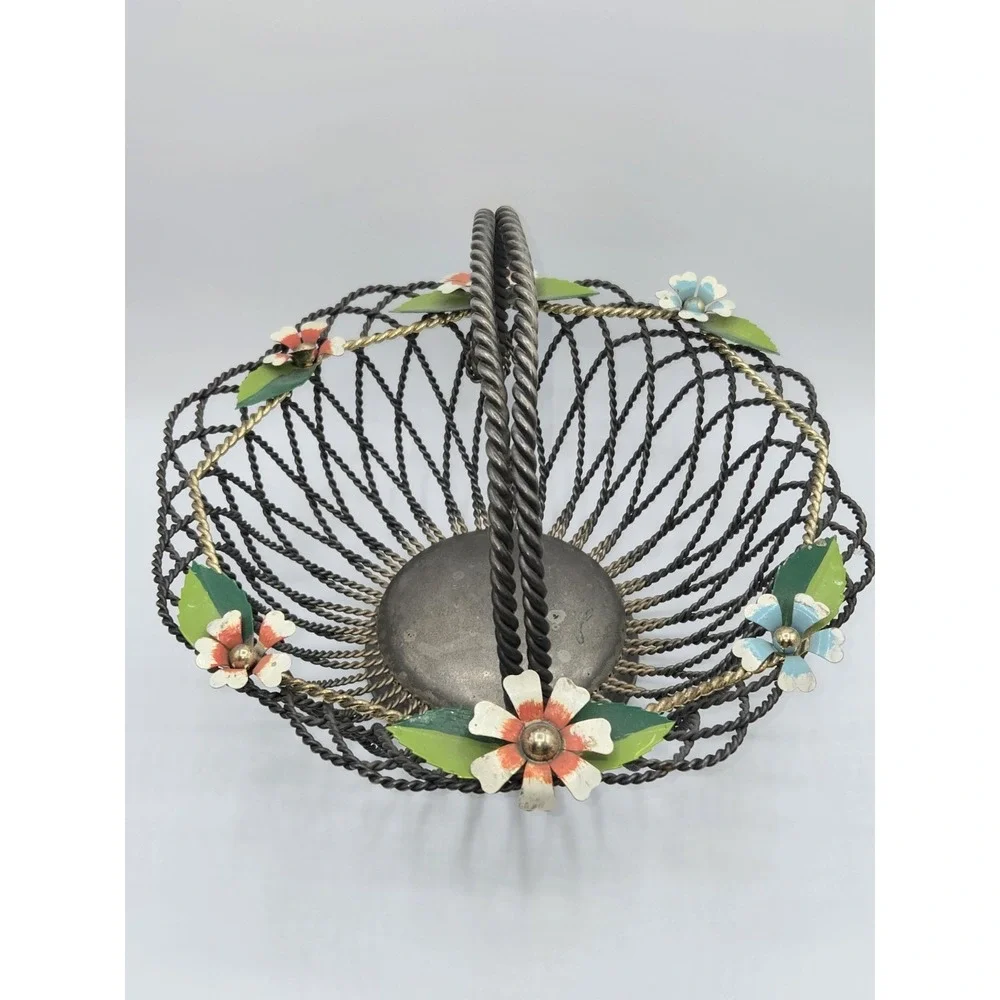 Vintage Silver Plate Wirework Basket Floral Painted Flowers Twisted Handle Japan